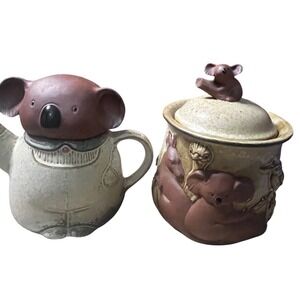 Cute Australian  Koala Ceramic Teapot & Sugar Bowl Set with Embossed Animals